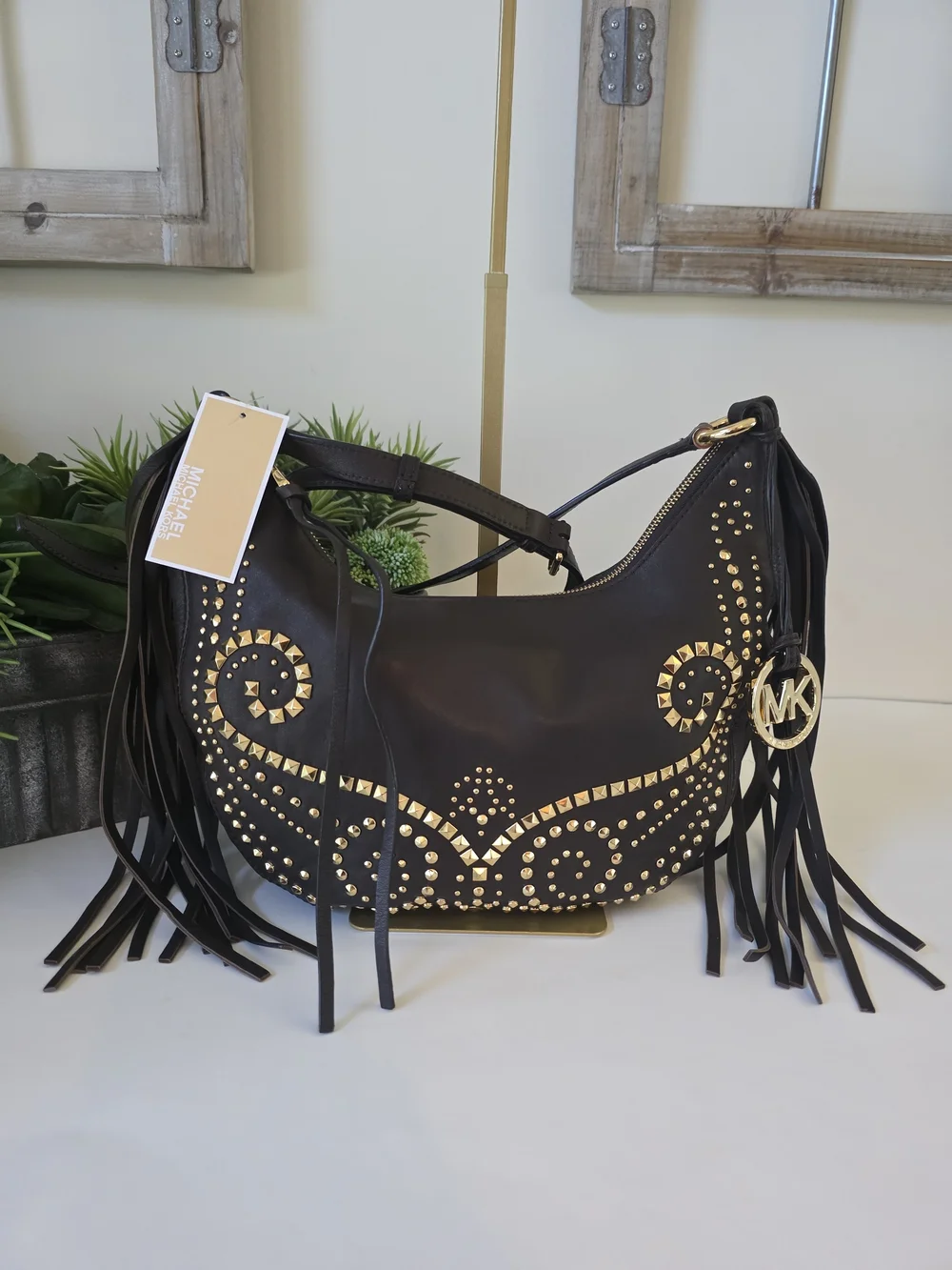 Michael Kors Rhea Studded  Shoulder/Crossbody Dark Chocolate Leather Fringe-New
